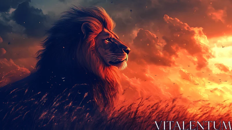 Majestic lion profile against blazing sunset sky.