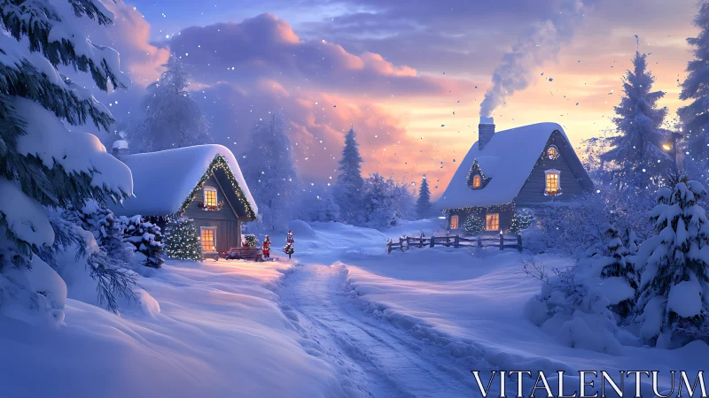 Snowy holiday cottages glow under soft winter sunset sky.