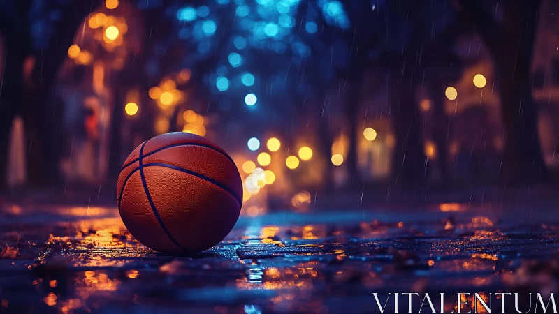 Basketball on wet city street at night under rain.