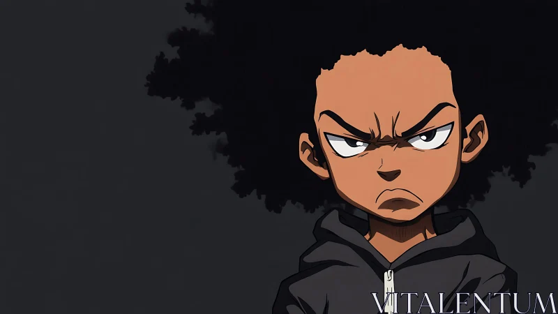 Serious cartoon boy with hoodie against dark backdrop.