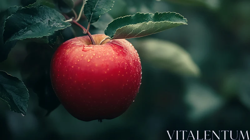 Photorealistic close-up of dew-kissed red orchard apple on branch.