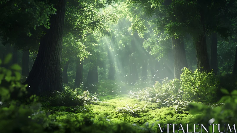 Sunlit Forest Path Through Tall Trees