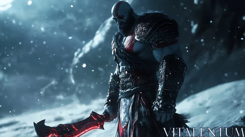 Armored warrior with blazing blade in frozen battlefield.