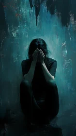 Solitary figure frames despair under cold teal shadows.