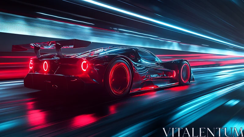 Futuristic race car travels through neon-lit tunnel corridor