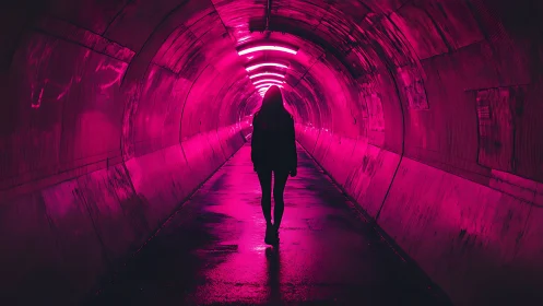 Silhouette walking through neon pink illuminated tunnel.