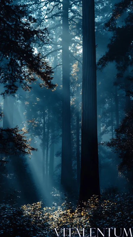 Luminescent Forest Cathedral with Towering Redwoods and Volumetric Light Rays.