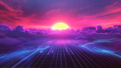 Neon cyber sunset over grid horizon with electric clouds.