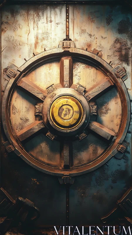 Heavily weathered circular vault door with radial locking wheel