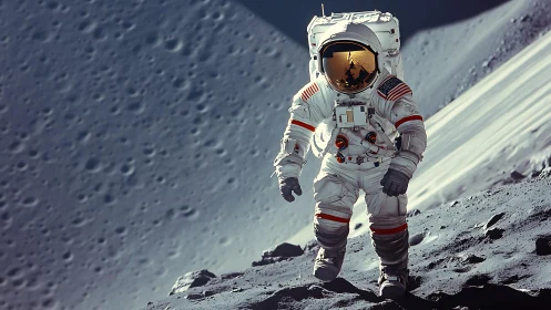 Moonwalker explores cratered lunar ridge under hard light.