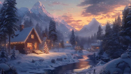 Snowy mountain village glows under warm Christmas twilight