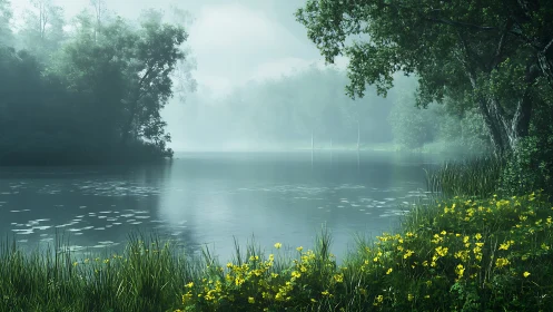 Photorealistic misty lakeside with flowering riparian verge.