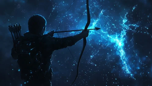 Silhouetted archer draws a glowing arrow against a cosmic sky