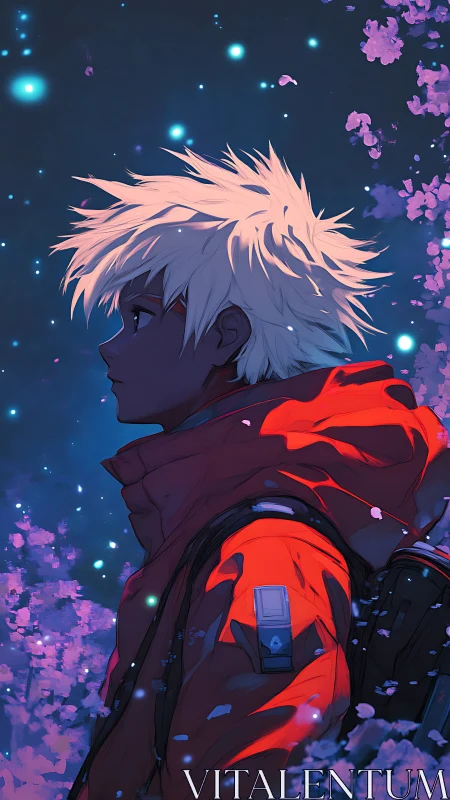 Starlit wanderer listens quietly as cherry petals fall