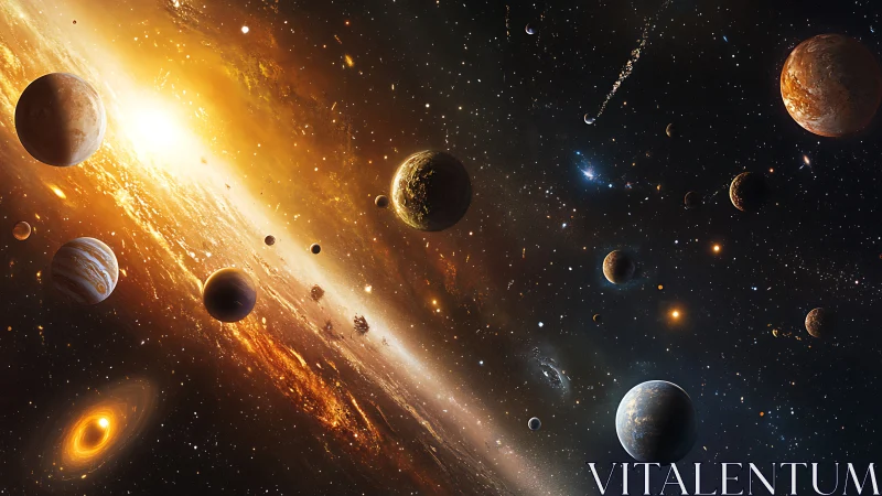 Golden cosmic skyline with wandering planets and stars.