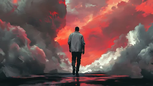 Solitary figure walks toward dense red and gray cloud field