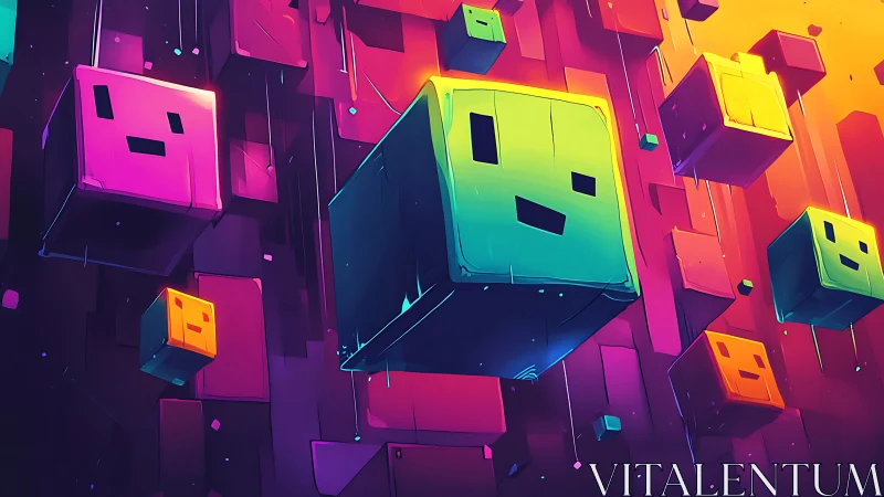 Cheerful neon cubes drift playfully through a glowing skyline