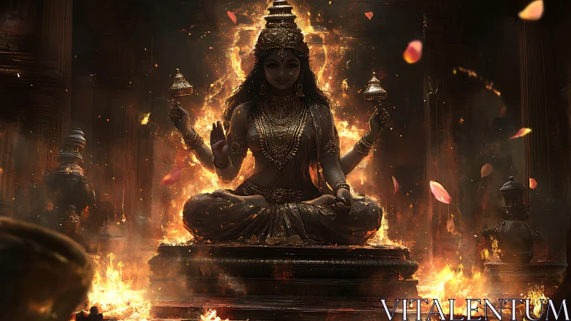 Deity statue in seated pose is surrounded by controlled fire