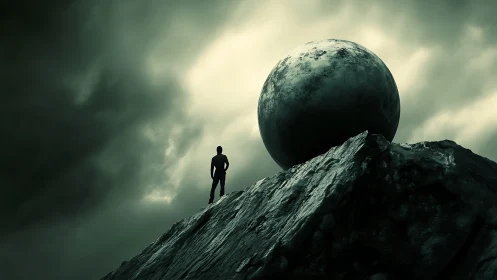 Solitary figure confronting monolithic sphere on storm cliff.