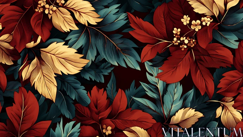 Bold botanical leaves in rich red, teal, and gold pattern.