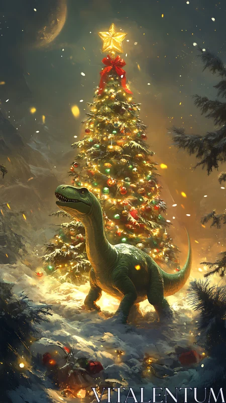 Dinosaur standing by glowing Christmas tree in snowy night.