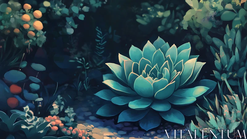 Succulent rosette in shaded garden with surrounding foliage.