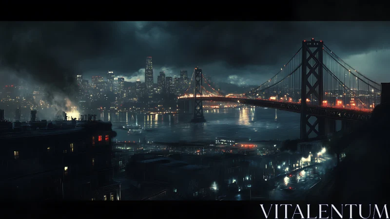 Stormlit bay bridge humming over neon drowned streets.