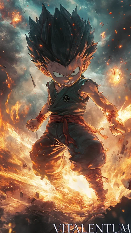 Explosive anime warrior in dynamic fiery vertical composition.