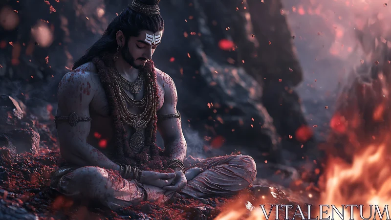 Ember-kissed ascetic sinks into stillness amid molten dusk