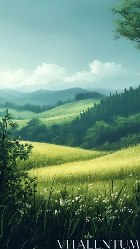 Sunlit rolling hills stretch beneath distant misty mountains