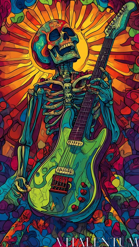 Psychedelic skeletal guitarist rendered in high-saturation contour lines