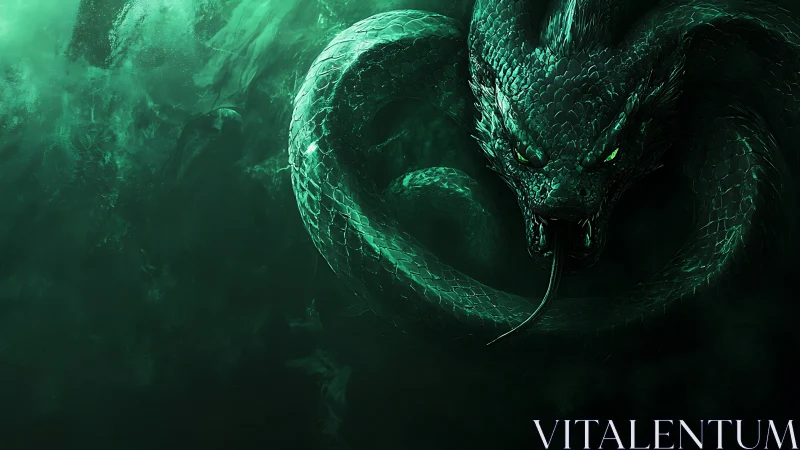 Serpentine dragon head emerging from dark green mist.