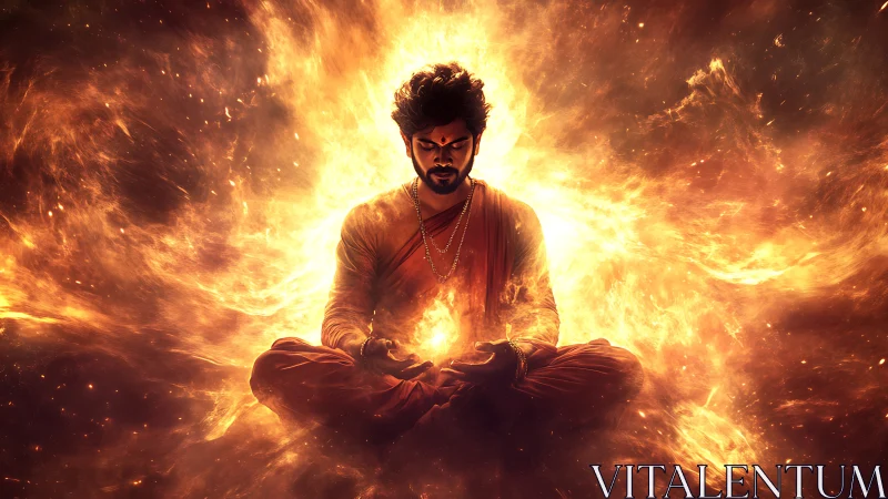 Meditating figure sits amid radial fiery energy field
