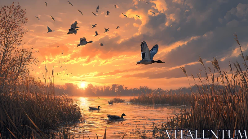 Ducks chase molten sunrise across a glowing autumn marsh.