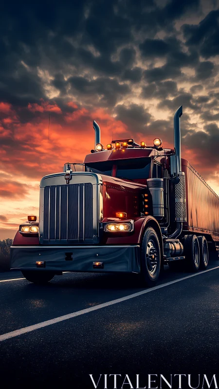 Highway titan prowls beneath molten sunset thunderheads.