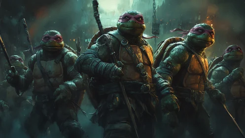 Armored mutant turtles in cinematic urban combat formation.
