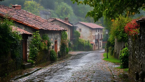 Rain-washed cobblestone lane in lush European village.