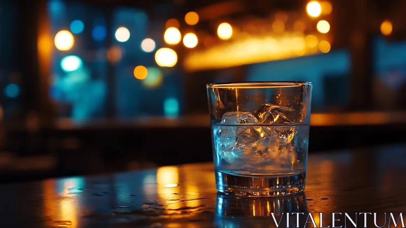 Lowball glass with ice under tungsten bokeh in moody bar.