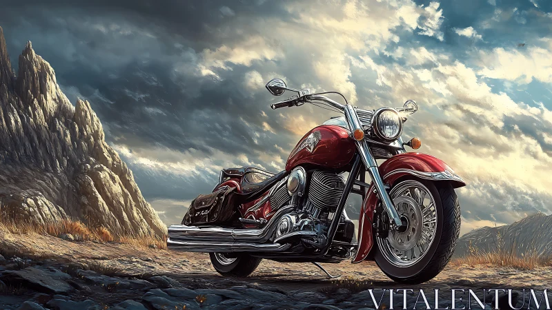 Red cruiser motorcycle under dramatic stormlit sky.