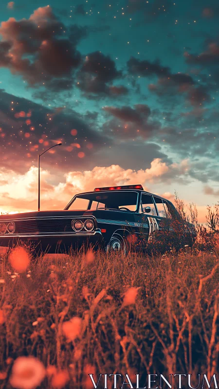 Twilight muscle car dozes in wildflowers under ember skies