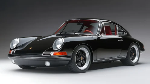 Sleek black classic sports car with bright red interior shine.