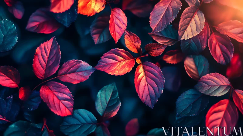 Multicolored rose leaves are illuminated by directional light