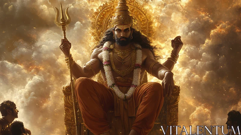 Divine warrior king seated on radiant golden throne