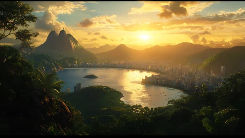 Golden sunset embraces Rio bay and lush green mountains