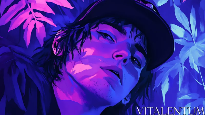 Neon rim-lit portrait of young man amid stylized tropical foliage