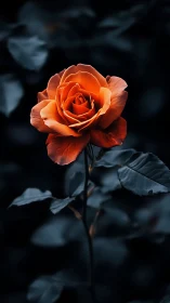 Vibrant Orange Rose Blooming Against Dark Foliage.