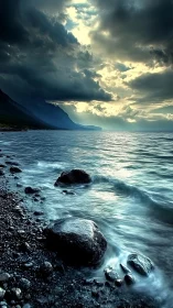 Rocky shoreline and overcast sky along a calm coastal inlet.