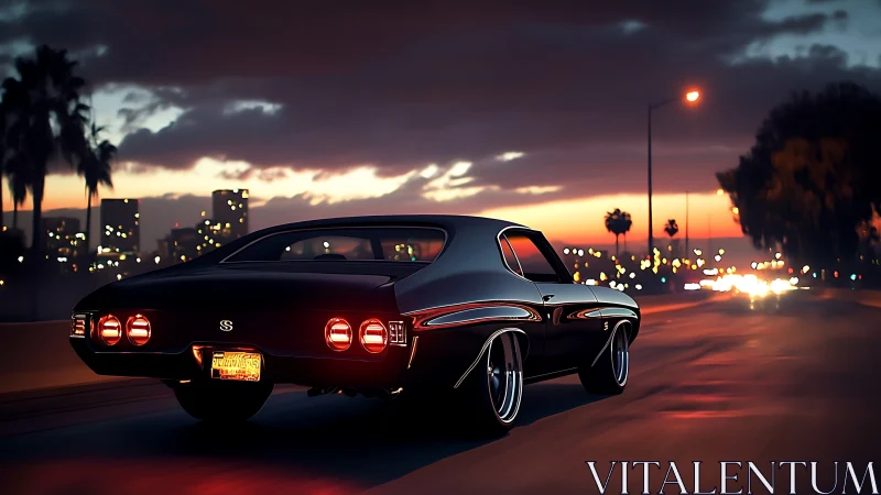 Midnight muscle car cruises through neon city twilight.