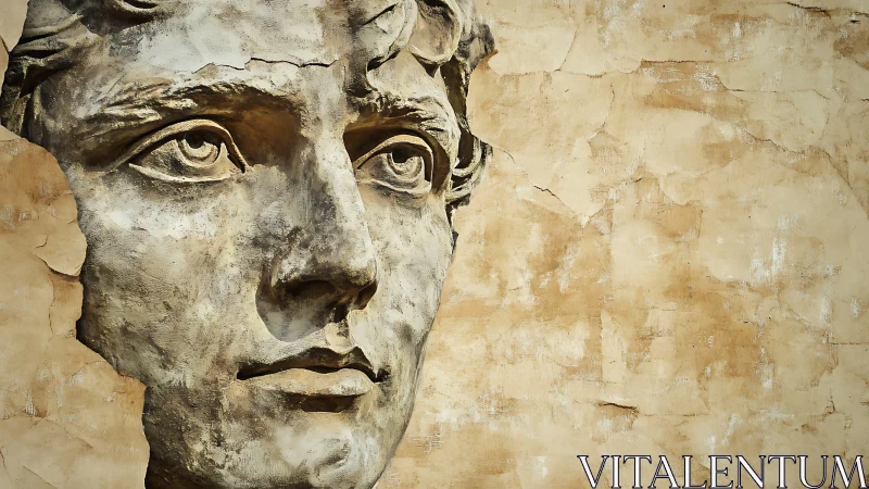 Weathered mural muse gazes through cracked golden plaster.