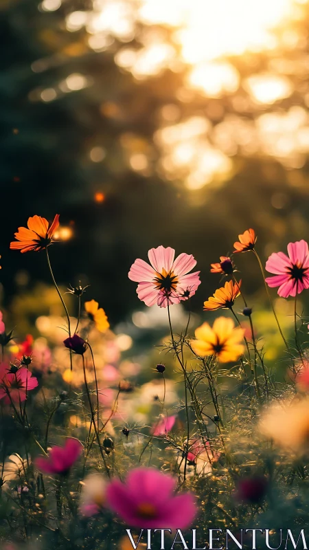 Sunlit Cosmos Blooms in Soft Focus Meadow.